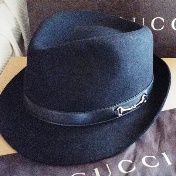 Gucci Rabbit Felt and Leather Fedora Hat in Black with Gold Horsebit, Sz Med NWT - Picture 3 of 5